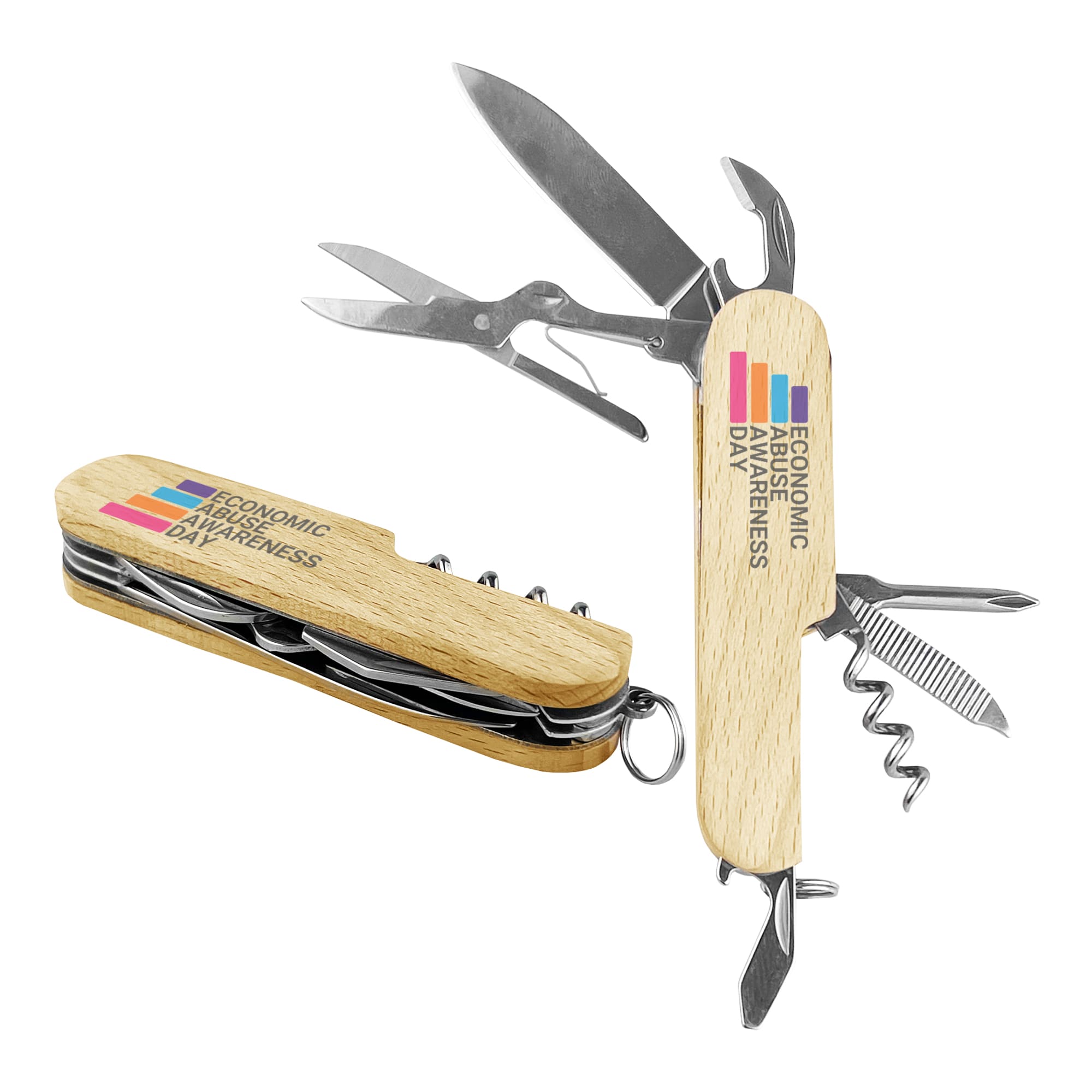 A compact wooden knife with multiple tools, including a corkscrew, scissors, and a keyring attachment. It has a logo. Victor Compact Knife - Image 1