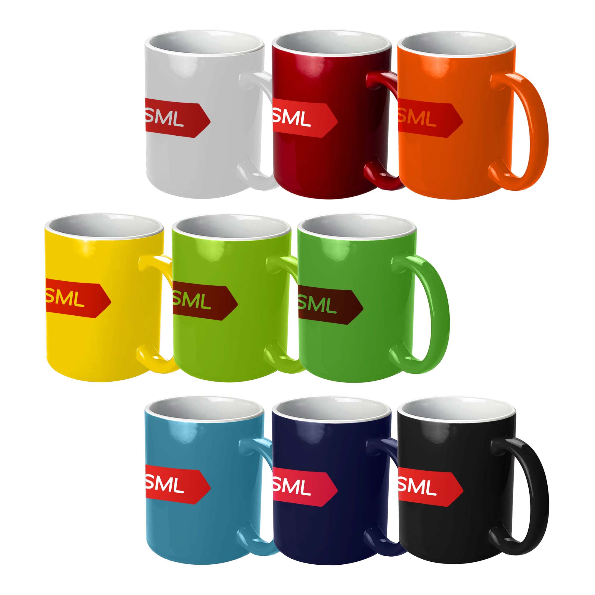 A collection of Jona coffee mugs in various colours: white, red, orange, yellow, green, navy, and black, each with a logo. Jona Coffee Mug - Image 1