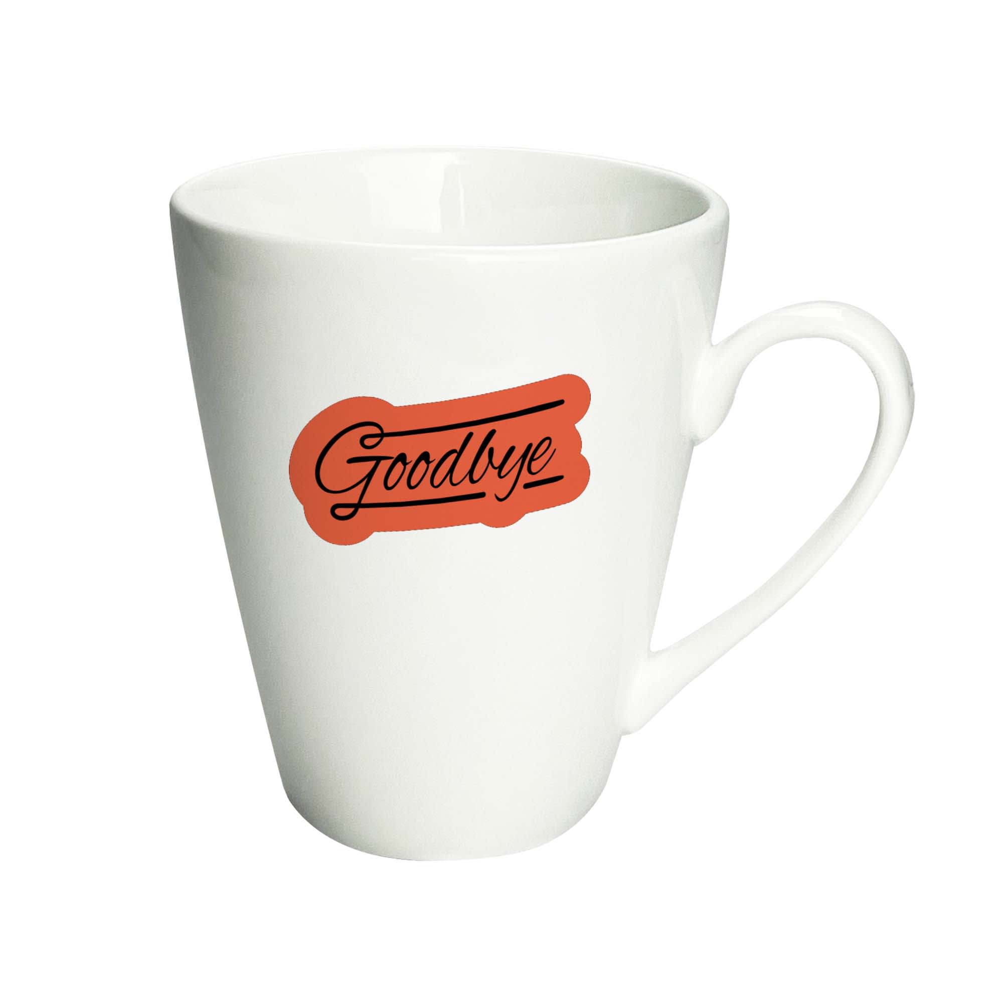 A white coffee mug with a tapered design and a logo featuring the word "Goodbye" in orange. Verona Coffee Mug - Image 1