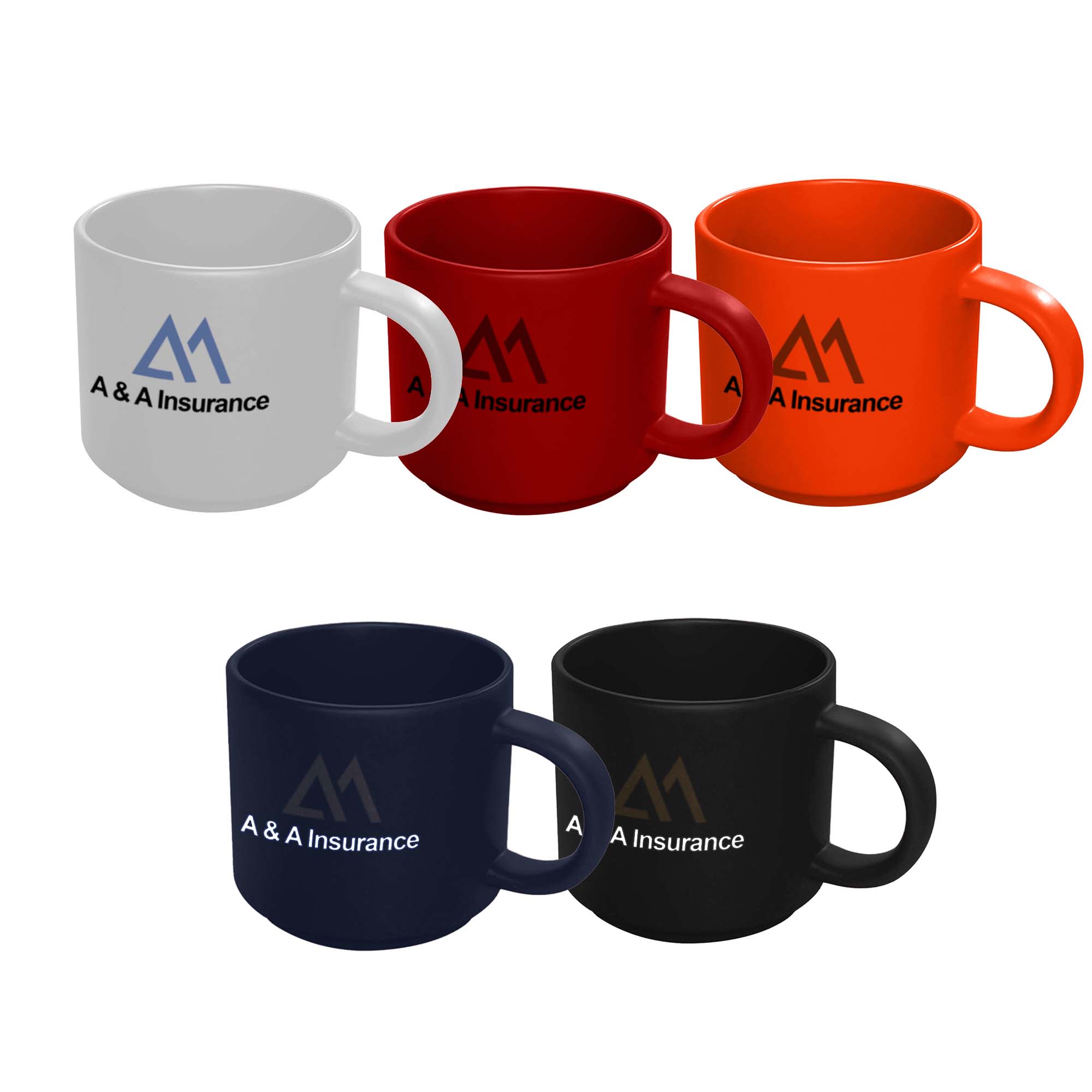 A set of ceramic mugs in white, red, orange, navy, and black, each with a branding logo. Palermo Ceramic Mug - Image 1