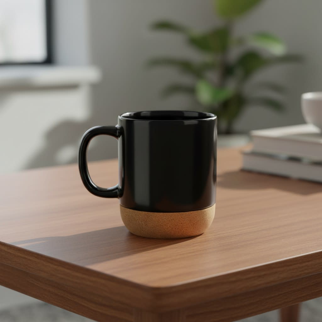 A black ceramic mug with a cork base, positioned on a wooden table with greenery in the background. Cape Town Cork Base Mug - Image 1