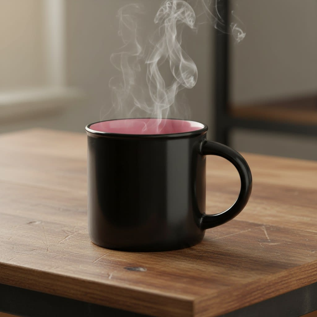 A black coffee mug with a pink interior, emitting steam, placed on a wooden surface. Cootha Trail Mug - Image 1
