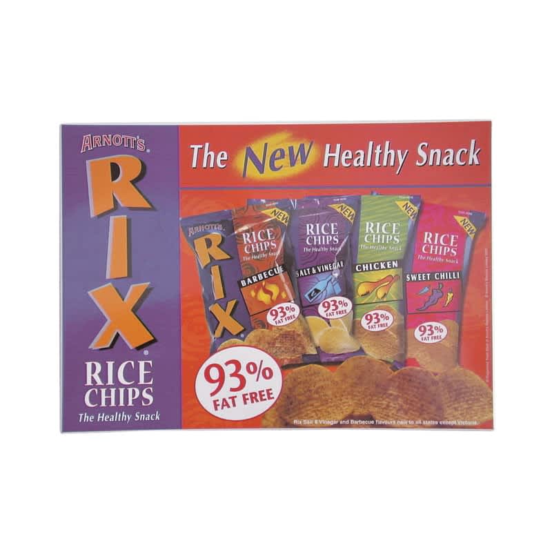 A colourful display of Arnott's RIX Rice Chips packets in various flavours, with a prominent logo and branding. Welded Counter Pad - Image 1