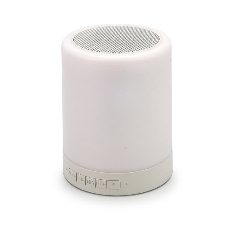 A white touch lamp speaker with a silver mesh top and control buttons at the base, featuring a simple and sleek design. Touch Lamp Speaker - Image 1