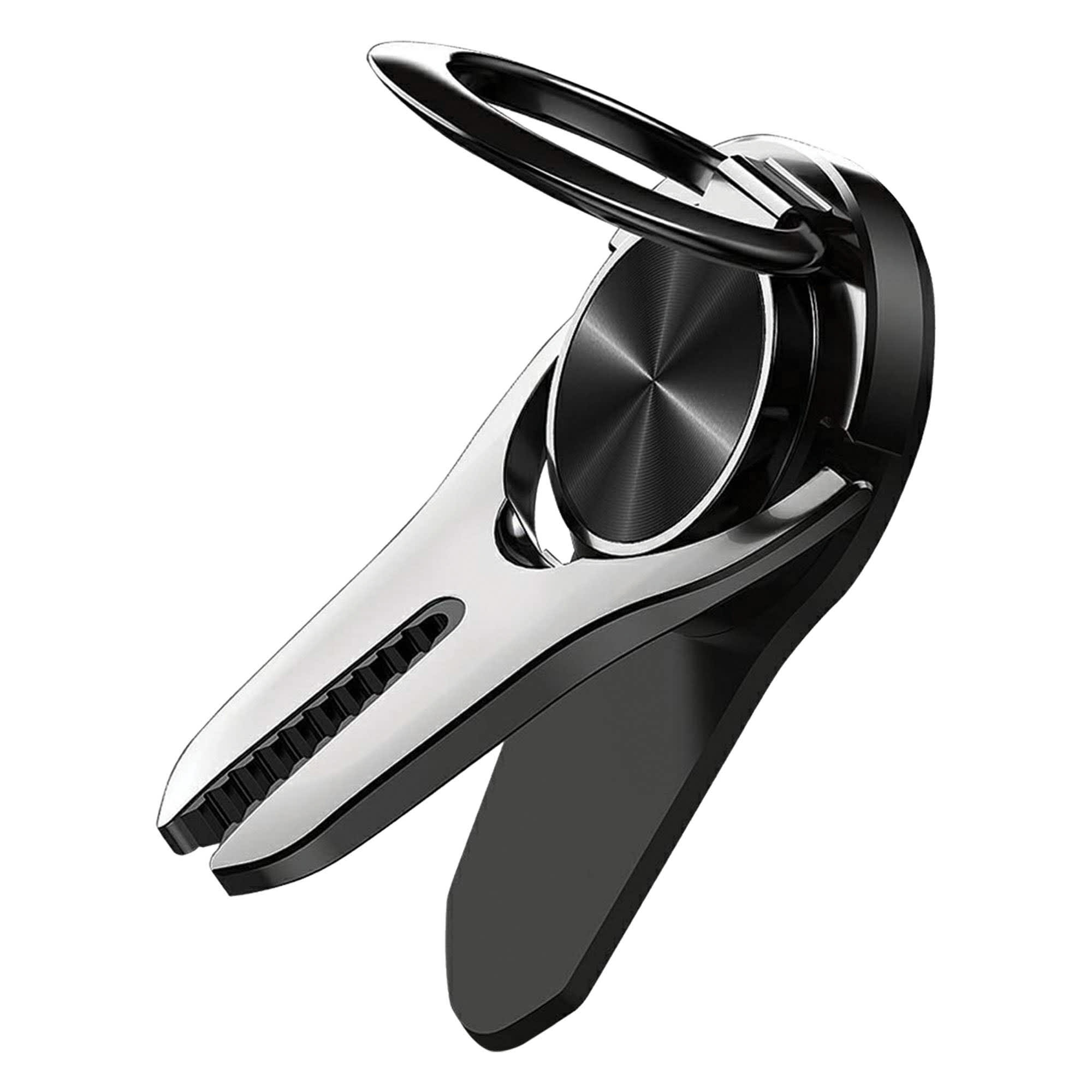 A black and silver car vent phone holder ring with a circular grip and adjustable clamp. It features a logo. Car Vent Phone Holder Ring - Image 1