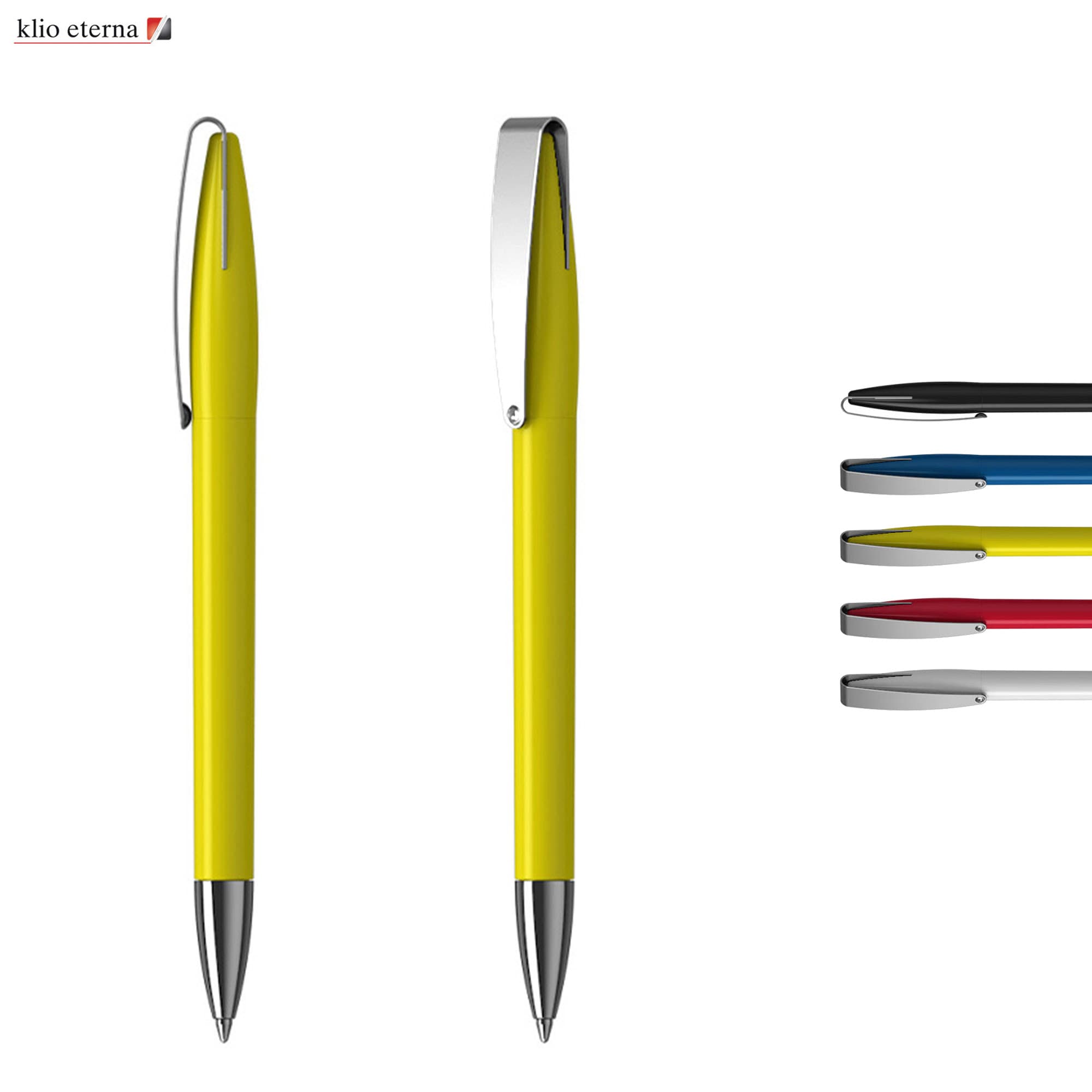 A yellow plastic pen with a silver clip, alongside pens in black, blue, red, and white. Branding is present. Cobra MM - Image 1