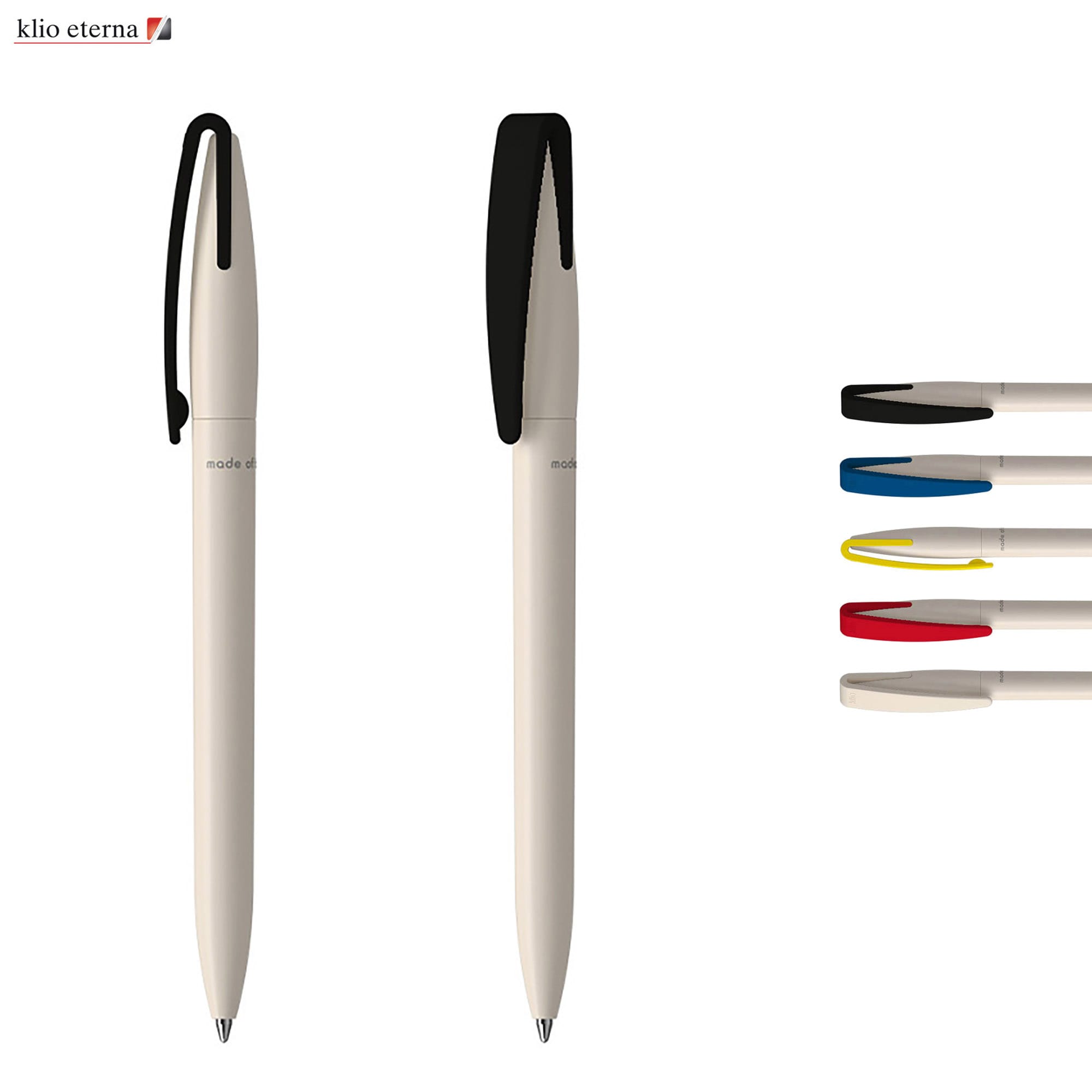 A pen with a cream body and a black clip, accompanied by four ink refills in blue, black, red, and yellow. Cobra Bio - Image 1