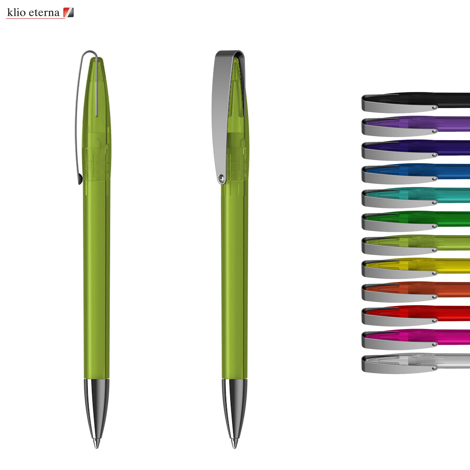 A green transparent plastic pen with a silver clip, alongside a range of other coloured pens. Cobra MM Transparent - Image 1