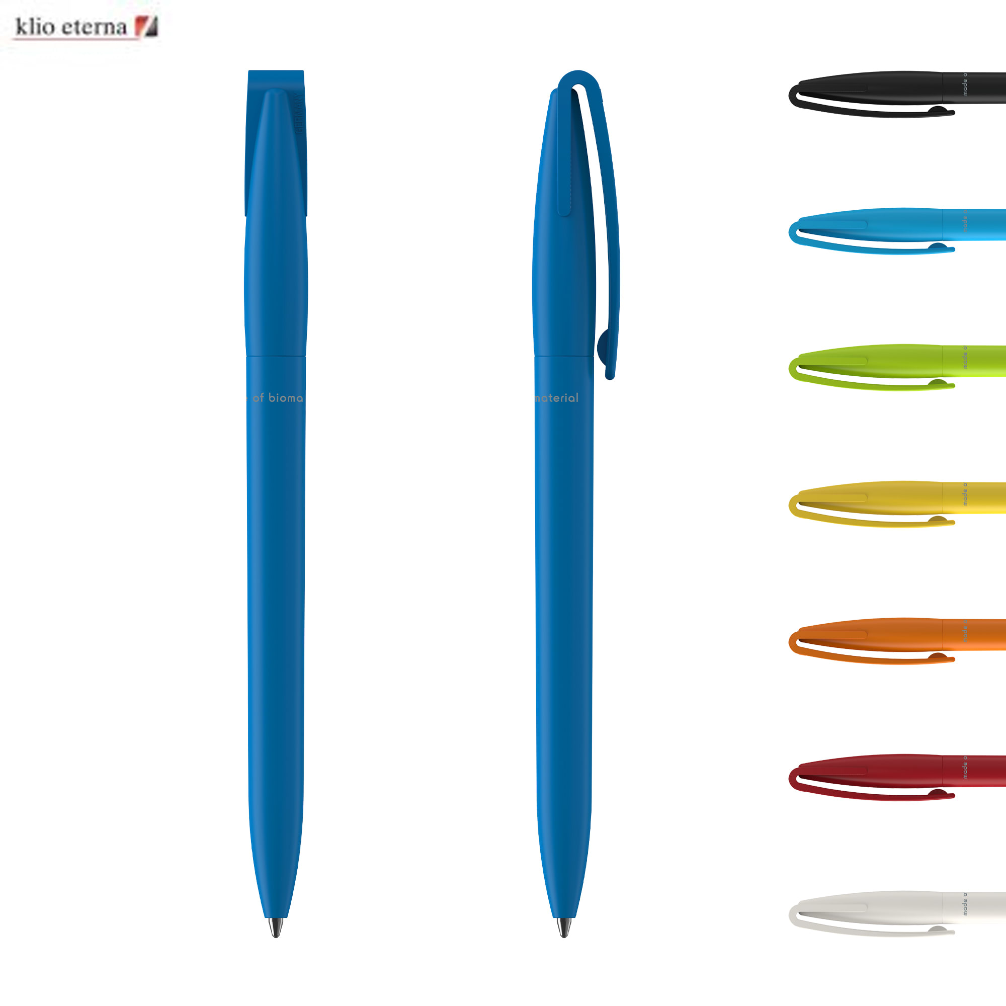 A blue plastic pen with a matching clip, alongside pens in various colours, including green, orange, and black. Cobra Matt Bio - Image 1