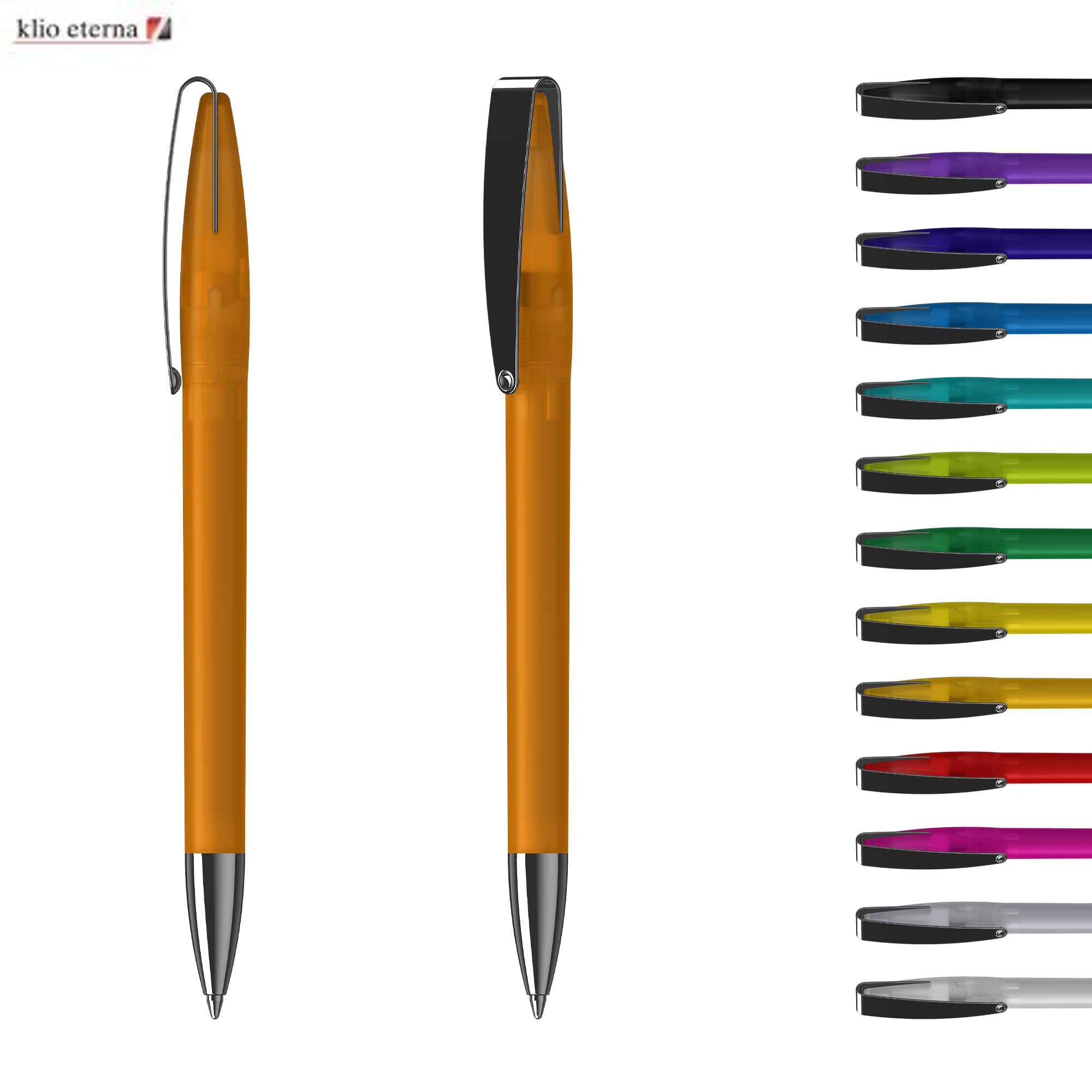 A metal pen in vibrant orange with a black clip, alongside a selection of ink colour options. Cobra Sofftfrost MMn - Image 1