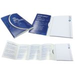 A blue promotional pamphlet with a cover, featuring blank note pages inside and a branding logo.