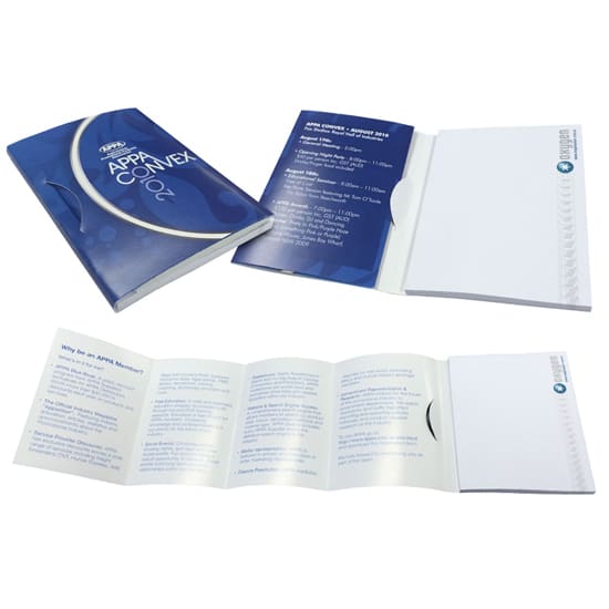 A blue promotional pamphlet with a cover, featuring blank note pages inside and a branding logo. Pamphlet note 4c cover 3c 100 x75mm pad - Image 1