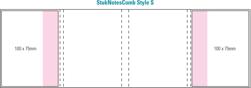 A layout design for a product with four pink combo pads, each measuring 100 x 75mm, featuring dashed lines for folding. CPSlamwhite4/4c1p - Image 1
