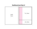 A product diagram of a laminated 4 colour cover combo pad featuring pink and white sections with specified dimensions.