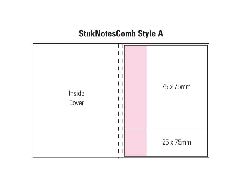 A product diagram of a laminated 4 colour cover combo pad featuring pink and white sections with specified dimensions. Combination A Laminated 4 Colour Cover 3 Col Pad - Image 1