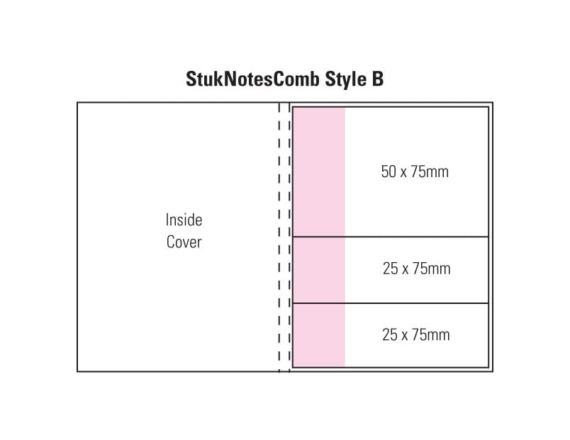 A diagram displaying the layout of a "Combination B Laminated 4 Colour Cover 4 Col Pad" with dimensions and sections. Combination B Laminated 4 Colour Cover 4 Col Pad - Image 1