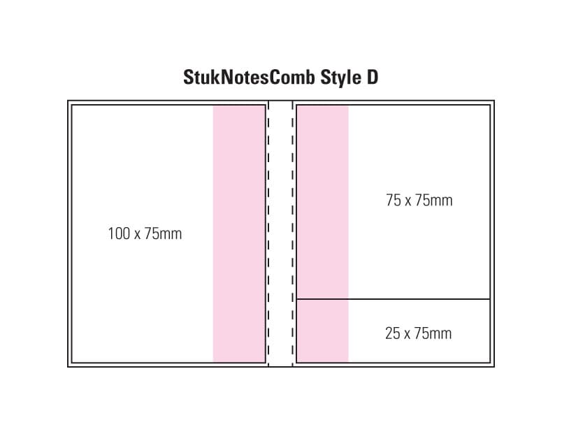 A diagram of a laminated combination pad featuring a four-colour cover with sections of varying sizes in pink and white. Combination D Laminated 4 Colour Cover 4 Col Pad - Image 1