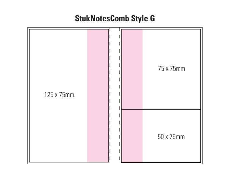 A layout graphic featuring a combination pad design with dimensions for sections in pink and black outlines. Combination G Laminated 4 Colour Cover 2 Col Pad - Image 1
