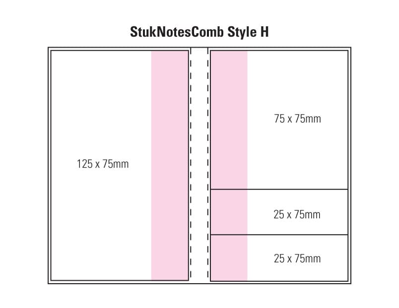A notepad design featuring a laminated cover with sections measuring 125x75mm and two 25x75mm slots, in a simple layout. Combination H Laminated 4 Colour Cover 4 Col Pad - Image 1