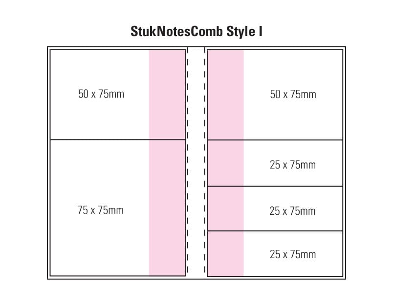 A Combo Pad design featuring a laminated four-colour cover with various note sizes in pink and white. Combination I Laminated 4 Colour Cover 1 Col Pad - Image 1