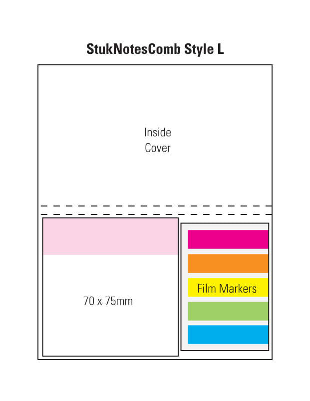 A combination laminated pad featuring a four-color cover with sections for film markers and notes in pink, green, blue, and orange. Combination L Laminated 4 Colour Cover 1 Col Pad - Image 1