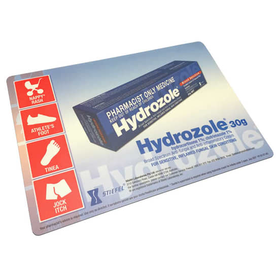 A promotional counter mat featuring a blue and white design for Hydrozoale, with a visual of the product packaging and logos. A promotional counter mat featuring a blue and white design for Hydrozoale, with a visual of the product packaging and logos.