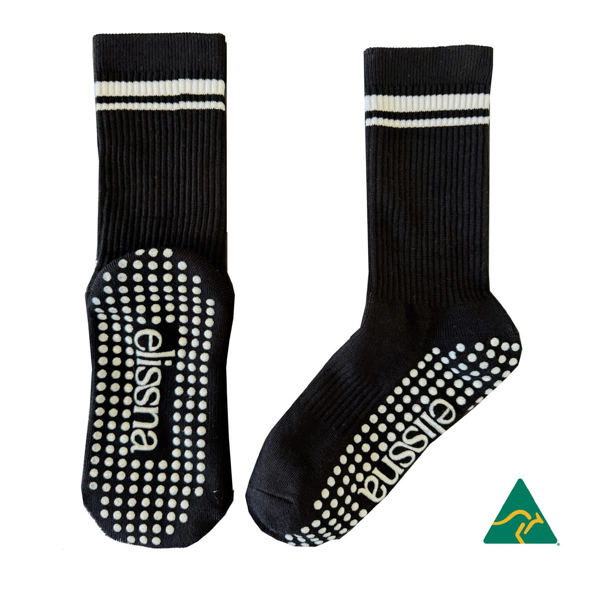 Crew Grip socks in black with white stripes and textured grip soles. Features branding on the side. Crew Grip socks in black with white stripes and textured grip soles. Features branding on the side.