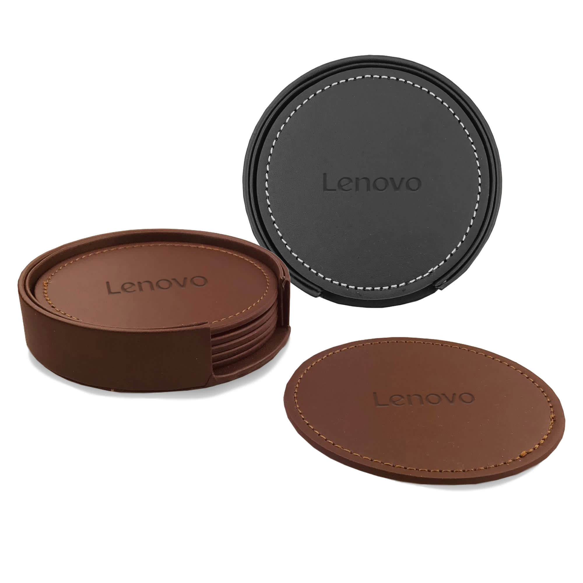 A set of six leather coasters in brown and black, featuring a branding logo, neatly contained in a round holder. Franklin Leather Coaster Set of 6 - Image 1
