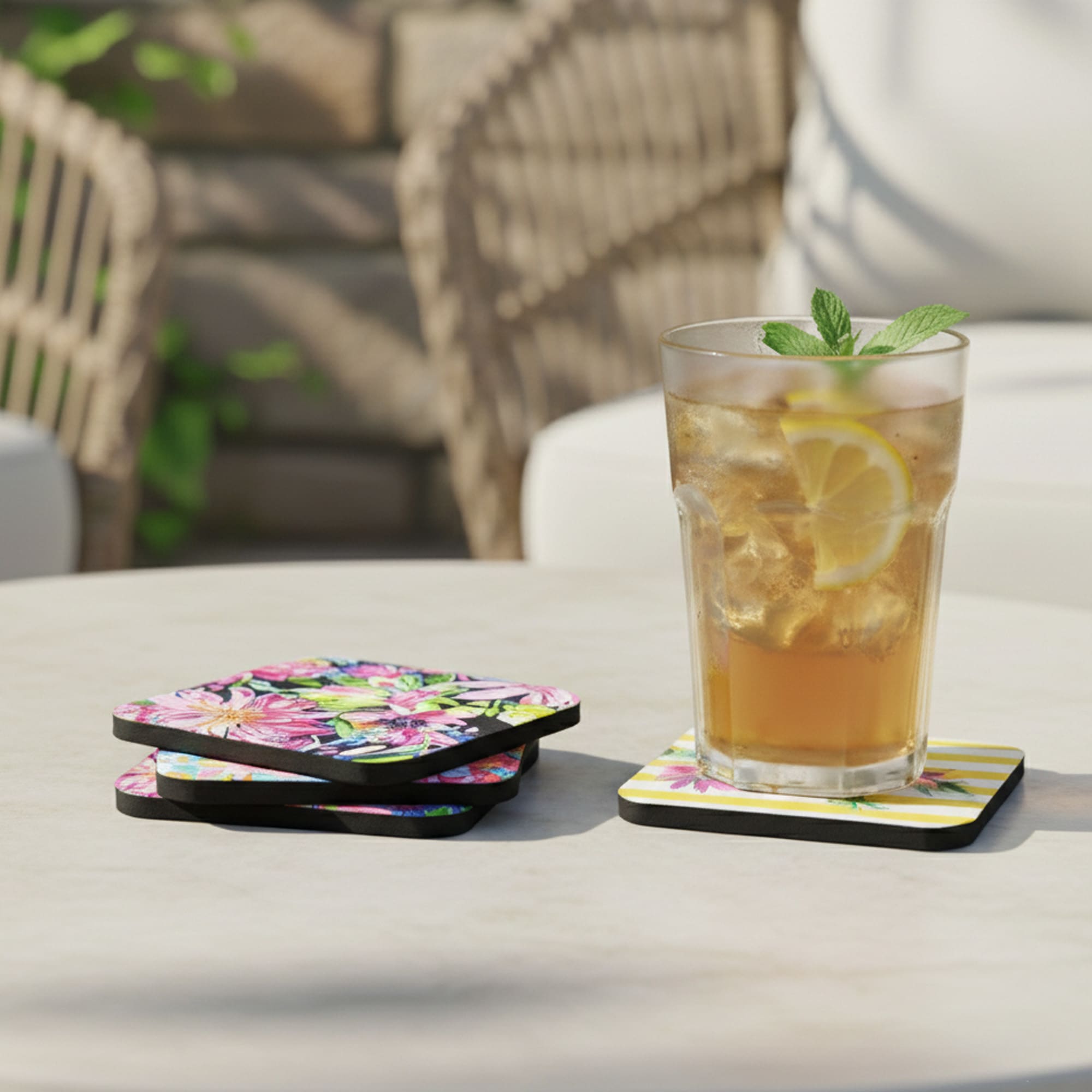 A drink bottle sits on a floral-patterned 5mm neoprene coaster, with additional coasters nearby on a table. 5mm Neoprene Coaster - Image 1