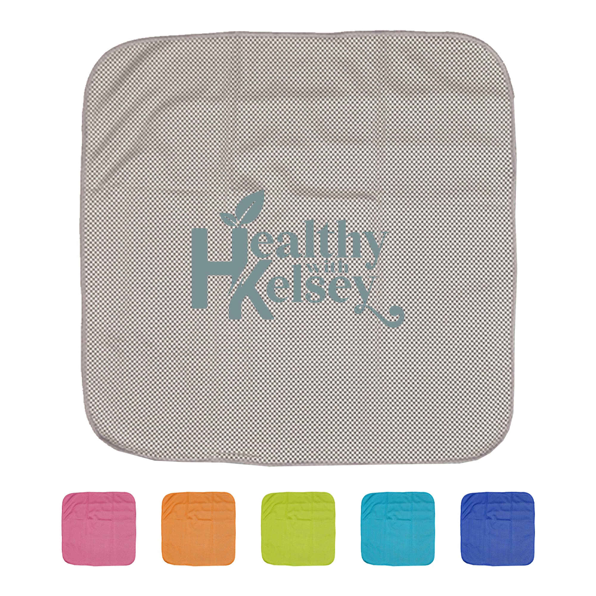A cooling face cloth in grey with a logo, accompanied by pink, orange, green, and blue square versions. Cooling Face Cloth DL - Image 1