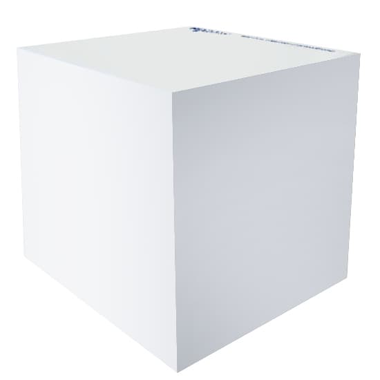 A plain white note cube with 70x70 dimensions and no printing on the sides, featuring a logo. Stuk Note Cube 50x50 3 Colour 455 Leaf-No Printing On Sides Of Cube - Image 1