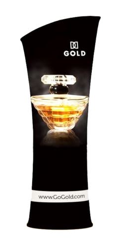 A promotional tension fabric display featuring a curved tower design with a gold perfume bottle image, predominantly black. Tension Fabric Display -Curved Tower Top 850mm x 2000mm- - Image 1