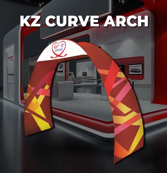 A double-sided, curved fabric arch in vibrant red and yellow patterns, featuring a logo on top. Stretch Fabric Curved Arch / Tension Fabric Replacement Double Sided Skin 2700mm x 1000mm x 600mm x 2300mm - Image 1