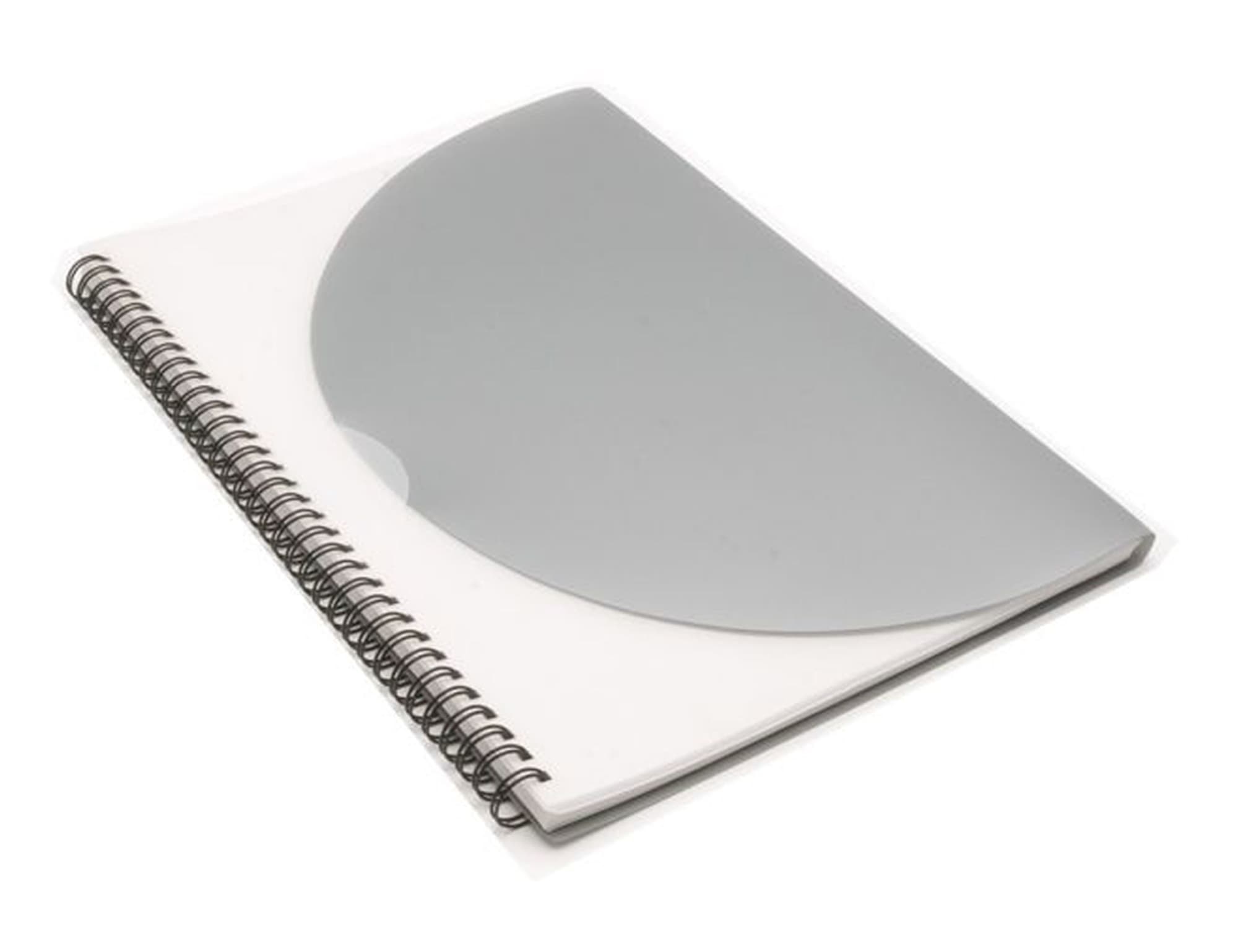 A large silver A4 notepad with a spiral binding and a transparent cover. It features a logo on the front. Curve Notepad-Large- Silver A4 - Image 1