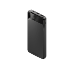 A black power bank with multiple ports and a digital charge indicator, featuring a logo.
