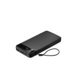 A black power bank with a strap and two USB ports, featuring a digital display for battery charge level.