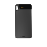 A black power bank with a sleek design, featuring a digital charge indicator and a logo.