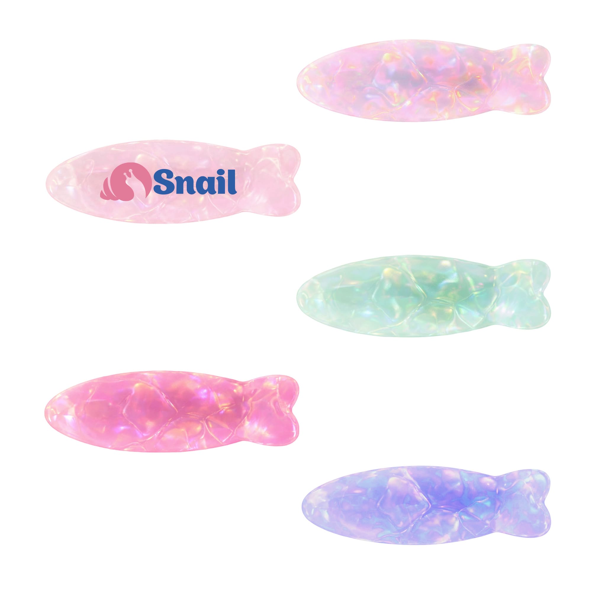Four iridescent fish-shaped hair clips in pink, green, and blue hues, featuring a logo on one clip. Fish Shape Iridescent Hair Clip - Image 1