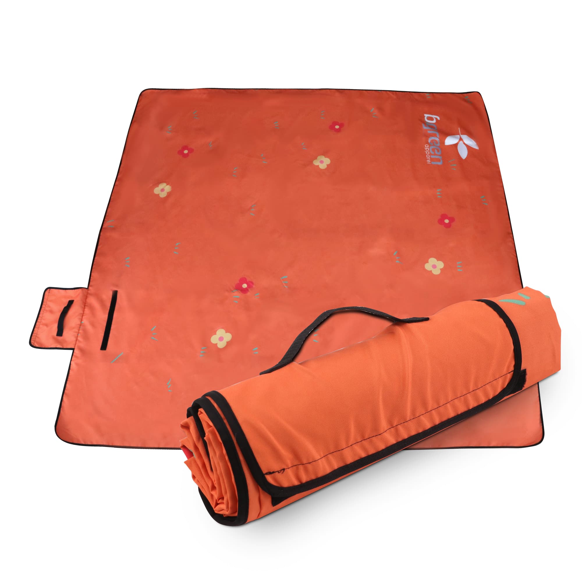 An orange picnic blanket, 200x200cm, features floral patterns and rolls up for easy transport with a handle. Picnic Blanket 200x200cm - Image 1