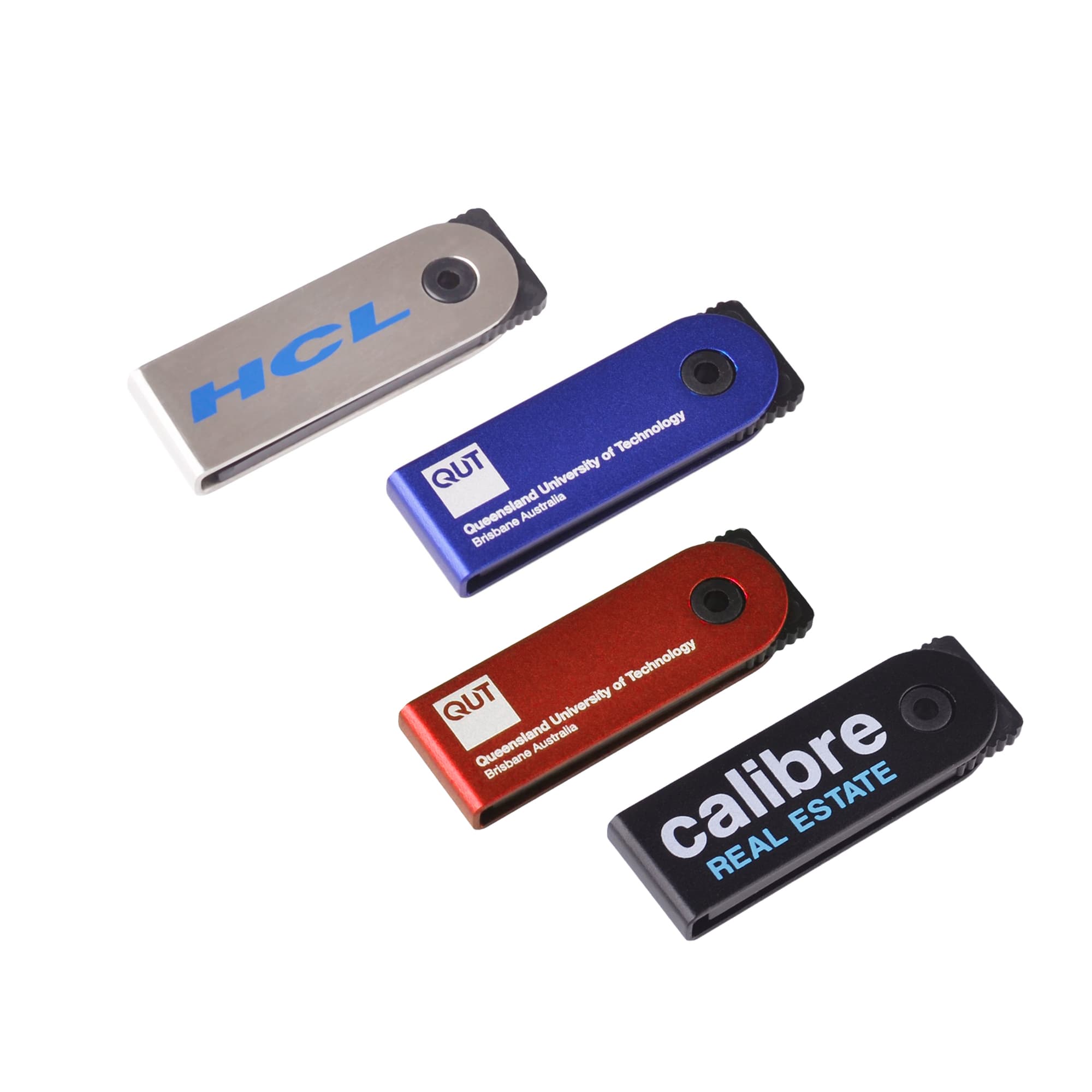 A group of four mini flash drives in silver, blue, red, and black colours, each featuring a logo or branding. Mini Festin Flash Drive - Image 1