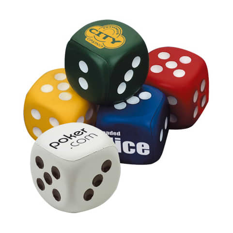 A set of colourful stress reliever dice in green, red, blue, yellow, and white, featuring logos. 50mm Cube Shape Stress Reliever - Image 1