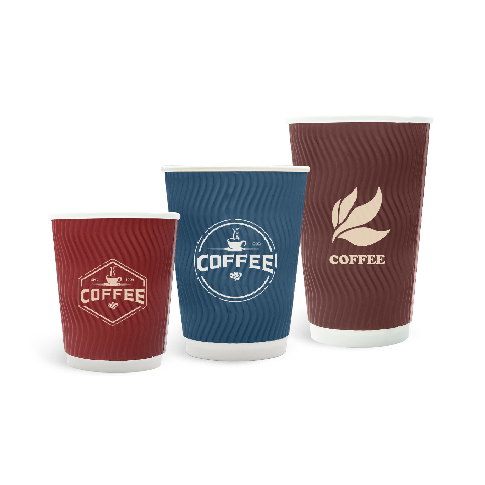 A trio of PLA double wall corrugated compostable paper cups in red and blue, featuring a logo and coffee design. PLA Double Wall Corrugated Compostable Paper Cups - Image 1