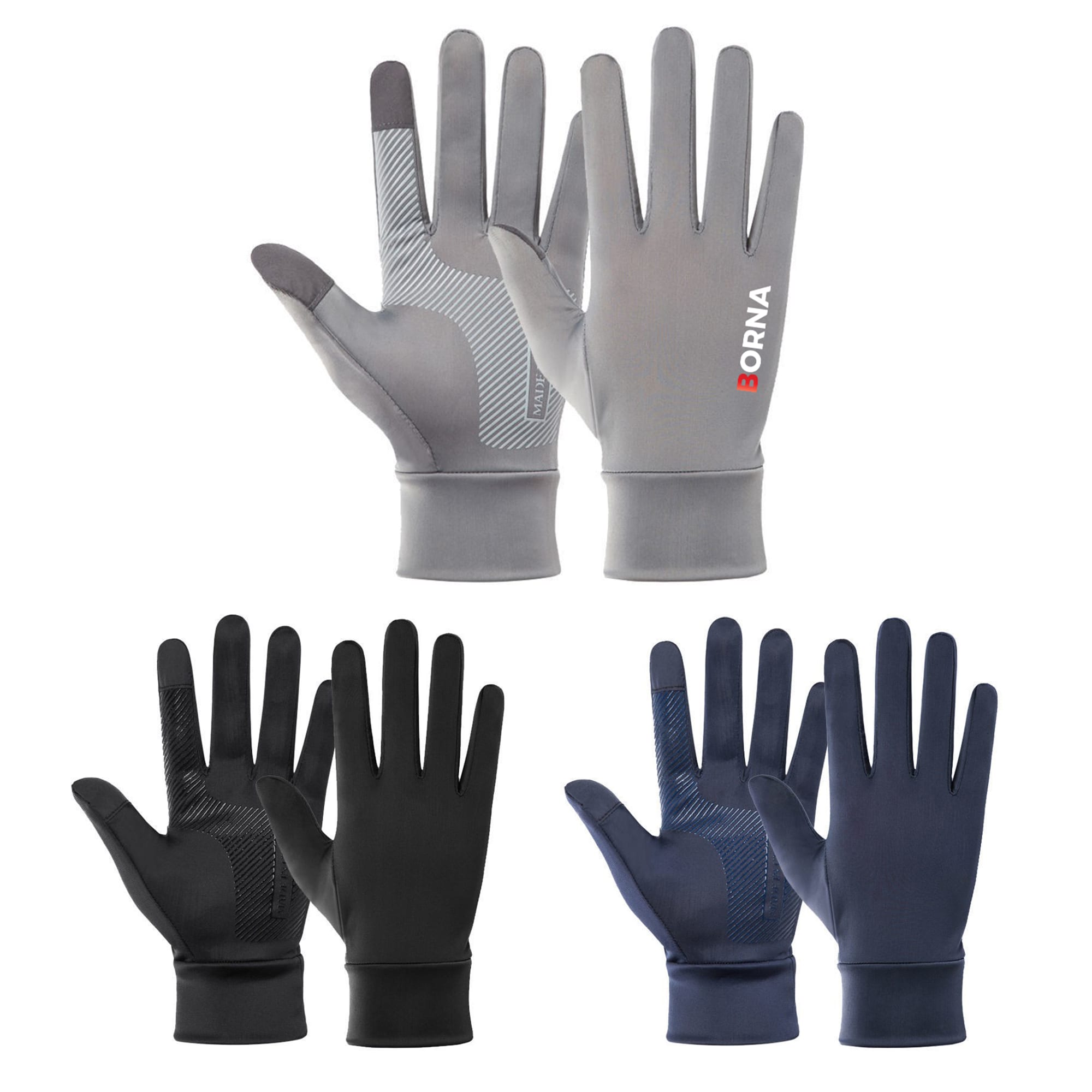 Sun protective full-finger gloves in grey, black, and navy, featuring a textured grip and a logo. Sun Protective Touchscreen Full Finger Gloves - Image 1