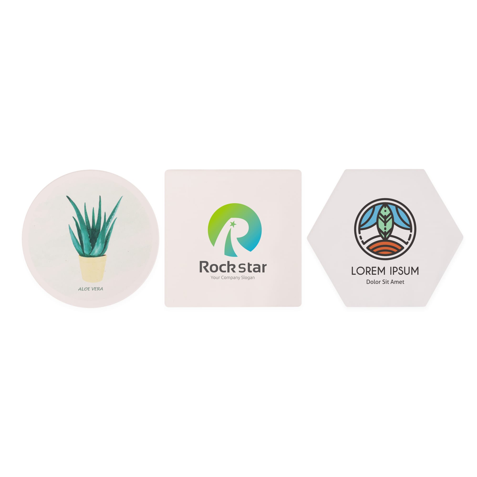 A set of coasters featuring a plant illustration, a logo, and a decorative pattern, in a variety of shapes. Water Absorbant Coasters - Image 1