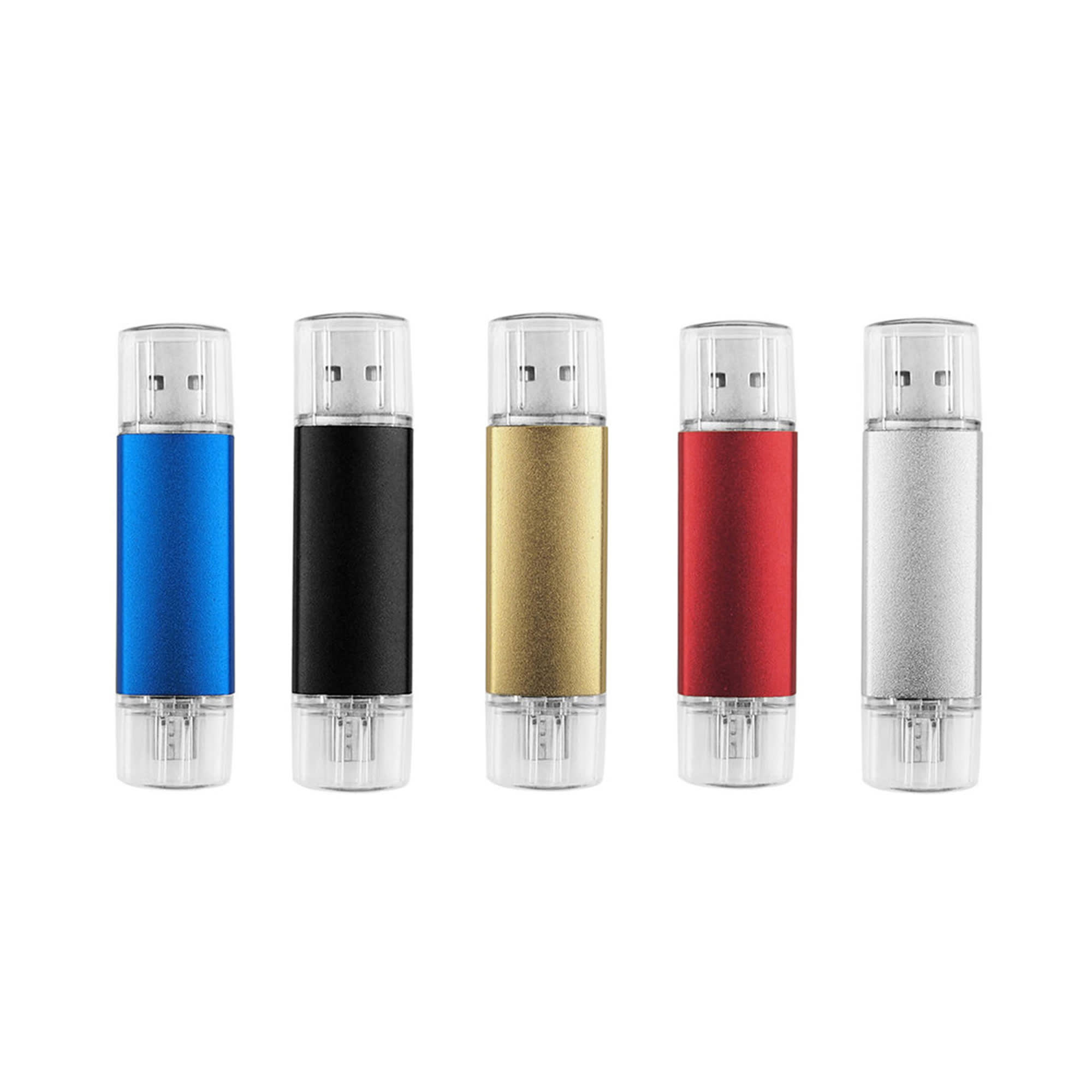 A collection of five double-end flash drives in blue, black, gold, red, and silver. Each has a clear casing. Double-end saturn Flash Drive - Image 1