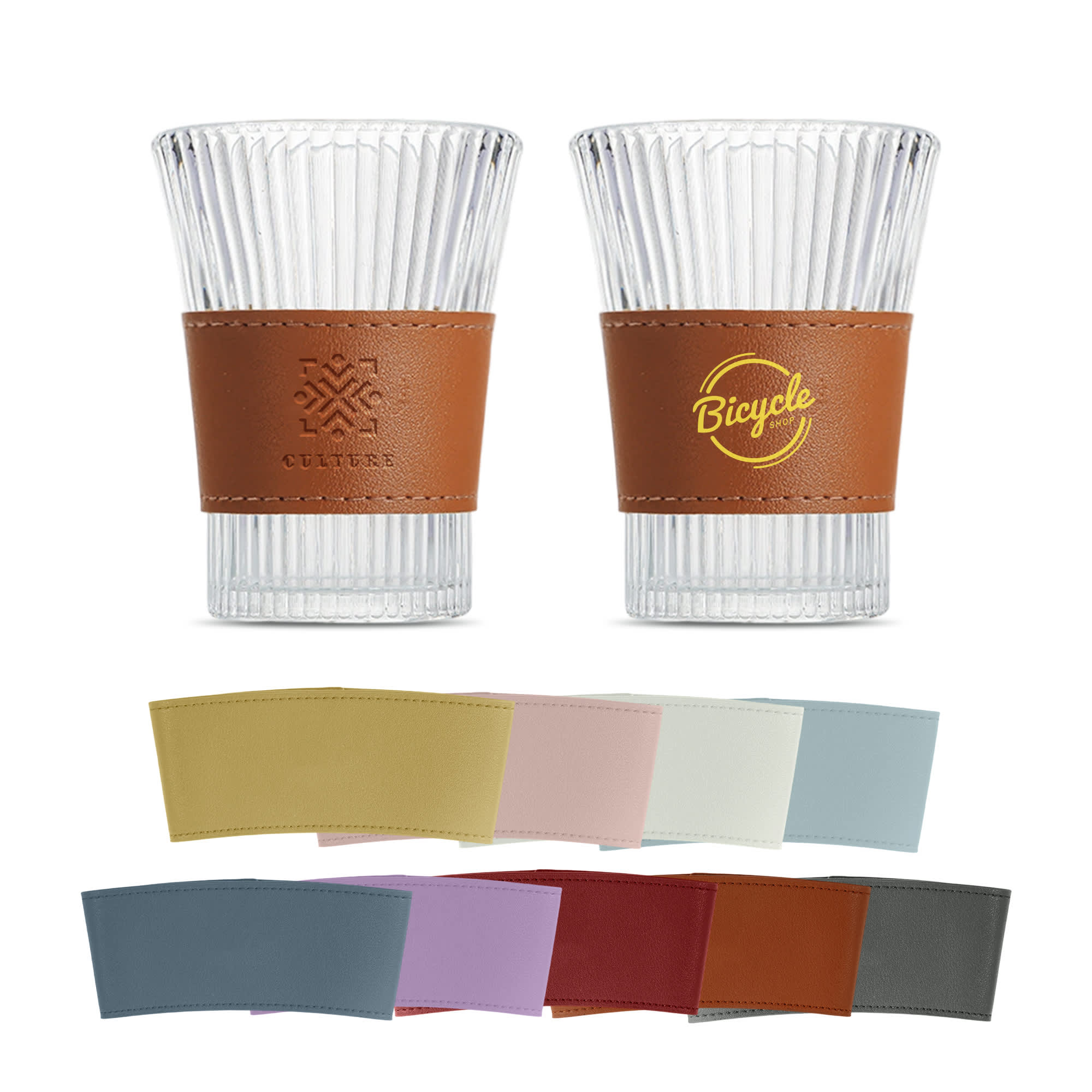A drink bottle featuring clear glasses with brown leather cup sleeves and a variety of colourful fabric sleeves. Leather Cup Sleeve - Image 1