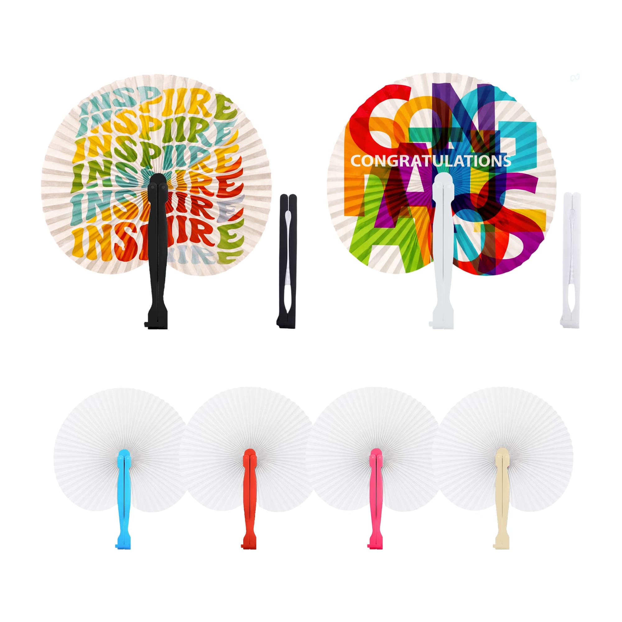 A collection of peach-shaped plastic paper fans in multiple colours with various designs and a logo on each handle. Peach Shape Plastic Handle Paper Fan - Image 1