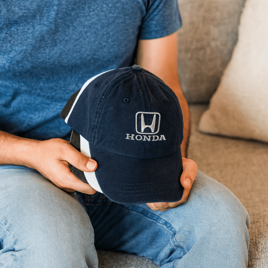 A navy blue denim cotton baseball cap with a logo, held by a person wearing a blue shirt, sitting on a couch. Buckle Strap Denim Cotton Baseball Cap - Image 1