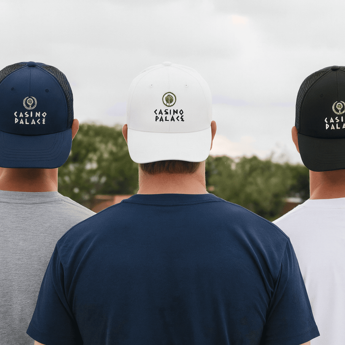 A baseball cap in white, black, and navy is displayed, featuring a logo on the front of each cap. Promo Poly-Cotton 6 Panel Velcro Strap Baseball Cap - Image 1