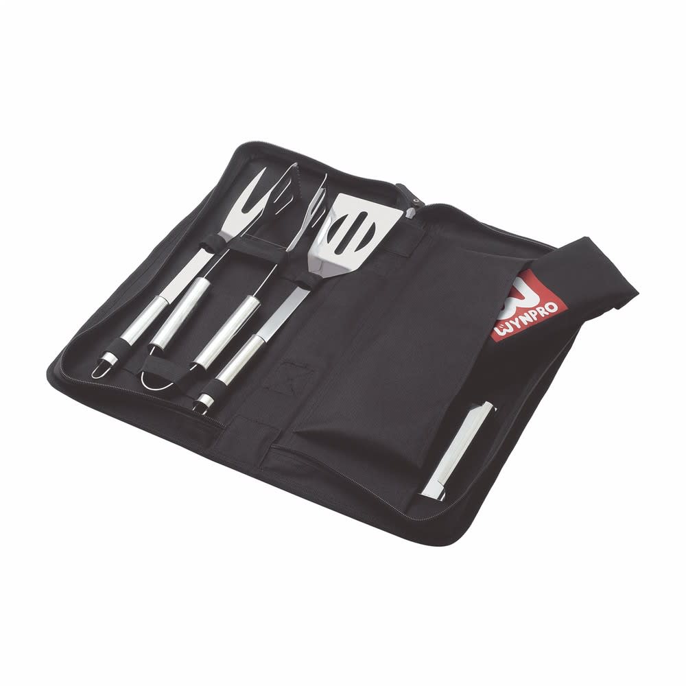 A 5-piece BBQ and apron set featuring stainless steel utensils in a black carrying case. 5 Piece BBQ & Apron Set - Image 1